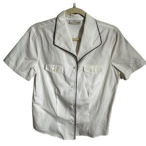Banana Republic White Short Sleeve Button-Up Shirt Black Trim 100% Cotton Large